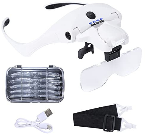 YOCTOSUN Magnifying Glasses with 4 LED Lights, Headband Magnifier with 5 Detachable Lenses 1X, 1.5X, 2X, 2.5X 3.5X -Rechargeable Hands Free Lighted Head Magnifier Glass for Crafts, Cross Stitch, Hobby