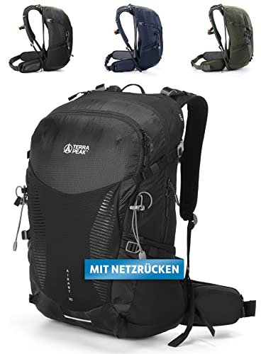 Terra Peak - Wanderrucksack Airant 30 Rucksack für Damen & Herren schwarz - Trekking zum Wandern und Camping mit belüftetem Netzrücken und Trinksystem-Vorbereitung - unisex Backpack leicht