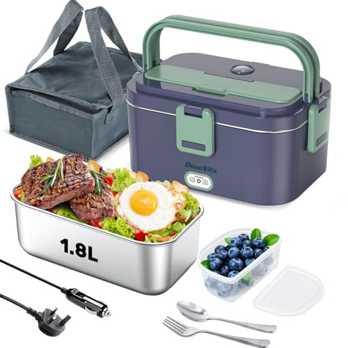 Dosevita Electric Lunch Box 80W 1.5L Heated Lunch Box 12V/24V/230V 3-in-1 Portable Food Heater with Insulated Lunch Bag Spoon and Fork Suitable for Car Truck Office Home (Royal Blue+Green)