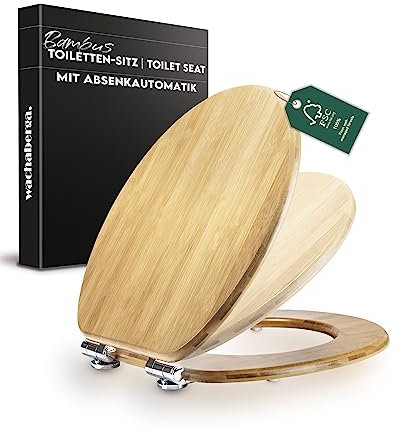 Bambus WC Sitz mit Absenkautomatik - bombenfester Halt des Bambus Klodeckels durch Spezialscharniere - Toilettendeckel Holz mit antibakterieller 3-fach versiegelter Lackierung