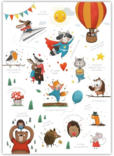 Rüsselfuchs Affirmationsposter Kinder Poster DIN A3 - Achtsamkeit für Kinder - Affirmationen - Stärken - Mut machen - Deko Kinderzimmer Tiere - Kindergarten und Schulkind Grundschule