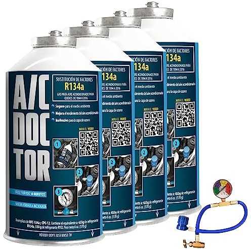 AC DOCTOR Kit 4 x Gas Refrigerante Orgánico Ecológico sustituto del R134a para recarga aire acondicionado de coche de 1995-2016 y manguera con manómetro