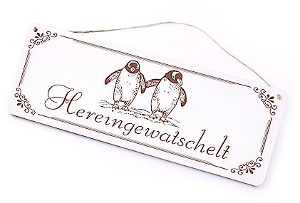 Schild mit Gravur Hereingewatschelt 2 Pinguine - Pinguin Türschild Willkommen Vintage Ornament Dekoschild Deko Pinguinpaar - 20 x 7,5 cm