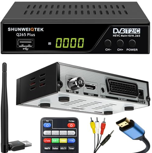 SHUNWEIQTEK Q265 Plus Decoder Digitale Terrestre 2023 con USB WiFi MT7601 e Uscita HDTV SCART AV Alimentatore 12V, DVB-T2 H265 HEVC Main10 Supporto USB PVR/Lettore Multimediale/DLNA MeeCast, Nero