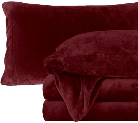 Elegant Comfort Luxuriously Soft 4-Piece Velvet Plush Flannel Sheet Set - Premium Quality - Cozy Warm, Anti-Static, Non Pilling Fuzzy Velvet Flannel Fleece Deep Pocket Sheet Set - Queen, Burgundy