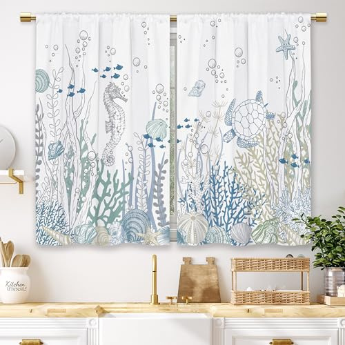 Laifzere Nautical Coastal Kitchen Curtains Ocean Starfish Seashell Small Short Cafe Window Curtains Beach Sea Seashell Rod Pocket Bathroom Window Drapes Treatment Tier Curtains 2 Panels (27.5x39 Inch)