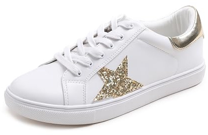 FEVERSOLE Women's Featured PU Leather Colorful Lace Up Sneaker White Glitter Metallic Star Size 9.5 M US
