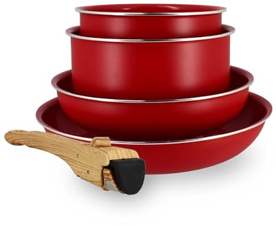 MENASTYL - Batterie de Cuisine Amovible Empilable - Tous Feux Dont Induction - Revêtement Céramique Antiadhésif sans PFAS - Gamme Colorama - Couleur Magenta - 2 Poêles + 2 Casseroles + 1 Poignée