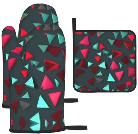 Guanti da forno con motivo triangolare e presine, guanti e supporti per barbecue (set da 3 pezzi)
