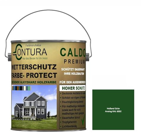 Contura Wetterschutzfarbe 1 Liter Holz Dauerschutzfarbe Deckend Buntlack Holzfarbe Holzlasur Seidenmatt (Holland Grün - RAL 6002 Analog)