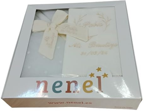 Kit de Bougie et Lange personnalisé pour Baptême - Pack de Cierge décorée pour Baptême et Mouchoir brodés avec le nom et la date du baptême - Modèle Bambule (Beige)