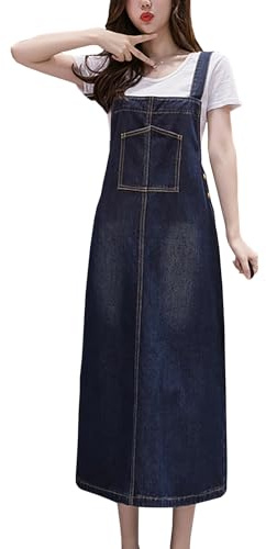 Yishengwan Donna Lunga Vestito Salopette di Jeans Senza Maniche Salopette Gonna Denim Vestito Overall Taglie Forti Blu XL