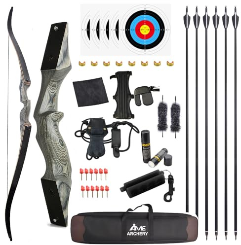 60 Schwarzer Jäger Original Recurve Bogen Set Amerikanischer Jagd-Langbogen Bogenschießen Holzbogen 20-60lbs Rechts/Linkshänder für Bogenschießen Jagd Schießen Praxis (Rechte Hand Grau, 50 Ibs)