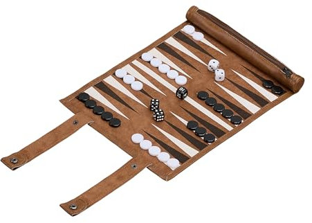 Relaxdays Backgammon, Reisespiel zum Aufrollen, inkl. Zubehör, Spielfeld BxT: 32 x 26 cm, Lederoptik, Brettspiel, braun