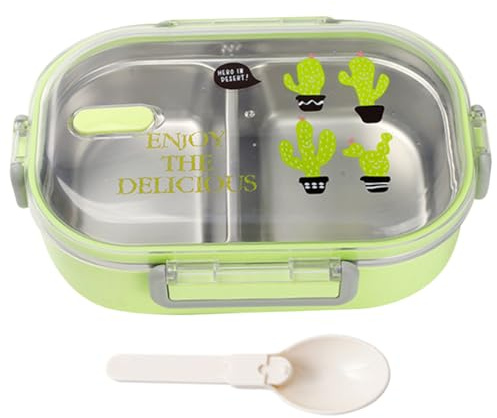 Hbbgdiy Thermal Lunch Box 8.3x5.9x2.4in 650ml Safety Hot Food Lunch Box 2 Compartments Stainless Steel for Kids Leak?Proof Insulated with Spoon