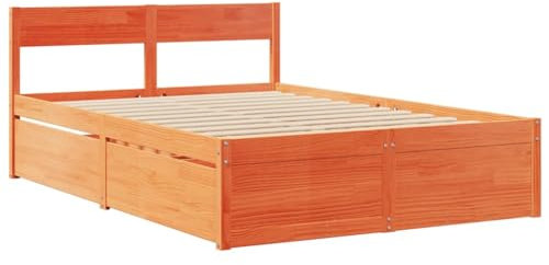 vidaXL Bettgestell mit Schubladen, Stauraum, Wachs, Braun, 120 x 190 cm, Kiefernholz, Massivholz, Schlafzimmermöbel, Lattenrost, Holzbett, Doppelbett