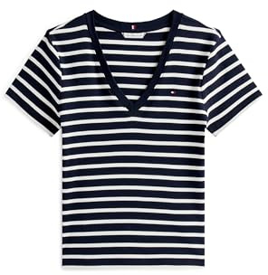 Tommy Hilfiger Camiseta de Manga Corta Mujer New Slim Cody con Cuello de Pico, Multicolor (Nos Breton Desert Sky/Ecru), XS