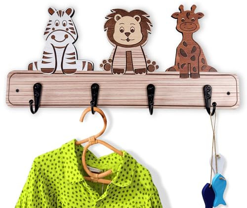 Midrean Kids Toddler Coat Hat Rack -13.7 Long Nursery Wood Colorful Cute Animal Wall Hooks Mount for Kids Room