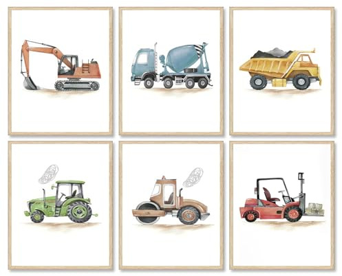 Dazzlewall 6PCS Bauauto Fahrzeug Wandbilder Poster Traktor Bagger Kran Drucke, Bauwagen Bild für Kleinkind Junge Zimmer Dekoration 20×25 cm Ungerahmt