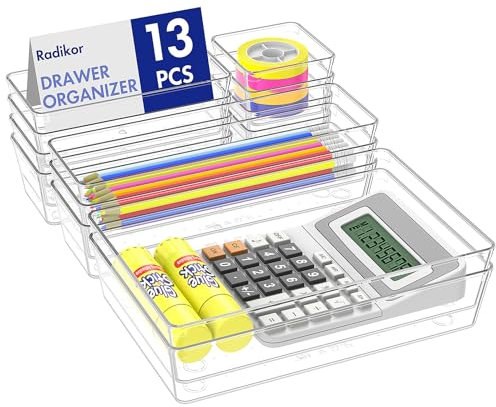 Radikor Schubladeneinsatz Schubladen Organizer -13 Stück Schminktisch Organizer in 4 Größen, Drawer Organizer, Make Up Organizer, Schubladen Ordnungssystem für Schreibtisch, Büro, Küchen, Bad