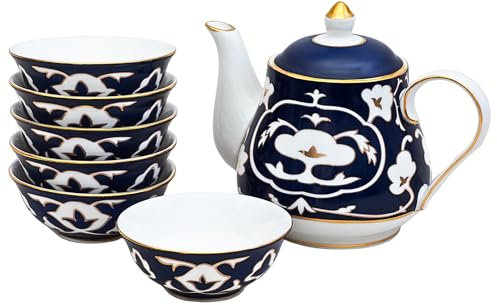 Service à thé bleu et blanc – Théière en porcelaine anglaise de 800 ml et tasses à thé de 177 ml avec design vintage blanc – Service à thé élégant pour la cuisine et cadeau pour femmes, hommes,
