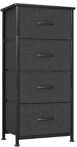 CAIYUN Kommode Schmal, Aufbewahrungsschrank mit 4 Stoff-Schubladen, Metallrahmen, Hoch und Schmale Holztop Schubladenschrank Möbel für Schlafzimmer/Flur/Kinderzimmer, Kleine Kommode, Schwarz