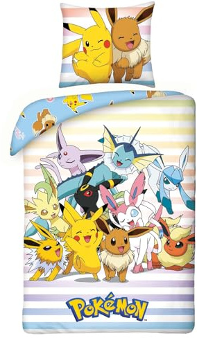 Parure de lit réversible Pokémon Pikachu et amis pour enfant - Housse de couette 135 x 200 cm + taie d'oreiller 80 x 80 cm - Certifié Öko-Tex Standard - Coton