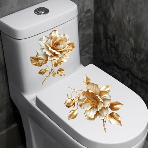 2 Stück Goldene Blumen Toilettendeckel Aufkleber, WC-Deckelaufkleber, Wasserdichte Selbstklebende Badezimmer Wanddekoration, Goldene Blume WC-Deckel, Tanksitz-Aufkleber