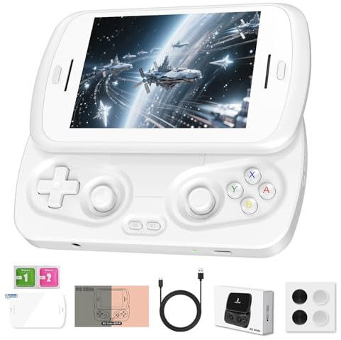 RG Slide Handheld Game Console RG Slide 4.7-inch LTPS in-Cell Screen No Card Retro Game Console Unisoc T820 Portable Arcade Video Gaming Console Support AI WiFi Bluetooth HD and TV Output White