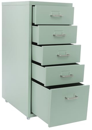 Brride Mobiler Aktenschrank mit 5 Schubladen, Metall Rollcontainer Bürocontainer Schubladenschrank für Zuhause, Arbeitszimmer, Büro und Schule, 28x41x69cm (Grün)