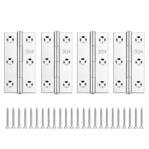 4SETS Replacement Door Hinges 3 Inch Stainless Steel Folding Butt Hinges, Strong Durable Silver Door Hinges with Screws, Rust Resistant Folding Small Hinges for Home Furniture and Tool Boxes