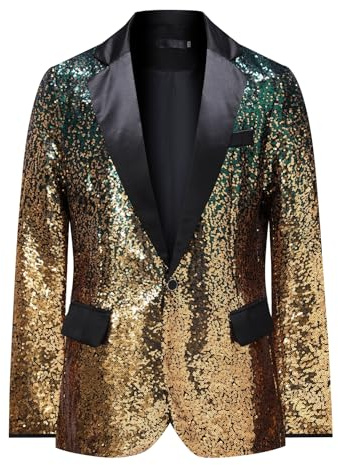 YFFUSHI Blazer Homme à Paillettes Dégradé 1 Bouton Revers Cran Brillant pour Banquet Cérémonie, Or Vert, S