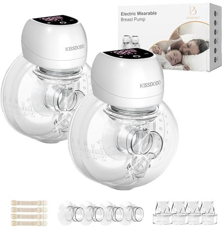 KISSBOBO ABP-1508PRO Electric Breast Pump, Wearable Breast Pump Hands Free Portable,4 Modes 12 Levels, Low Noise Painless Rechargeable Wireless Electrical W/ 21/24MM Flanges(White 2PCS)