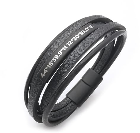 ALMENDRA Bracciale da uomo personalizzato in simil pelle nera e acciaio personalizzabile con incisione di nomi, iniziali, frasi, famiglia con chiusura magnetica scatola regalo (Nero - Nero 1)