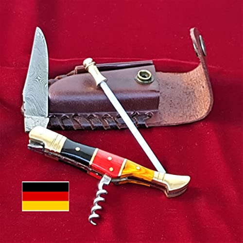 CRAFTOMATIK Damast Stahl Taschenmesser | Klappmesser Laguiole | Deutsche Flagge, Holz und Messing Griff mit Korkenzieher | Handgefertigt Outdoor Damastmesser Camping Messer | FK26