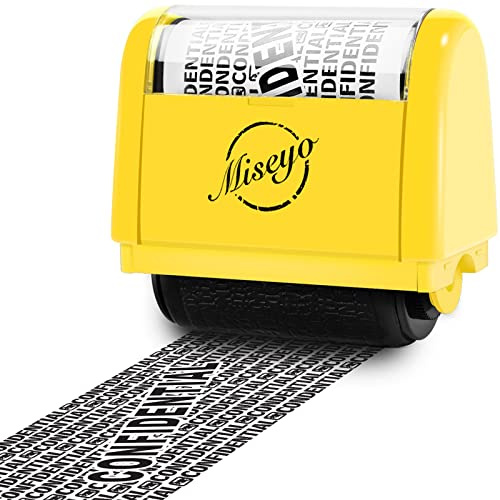 Miseyo Datenschutz-Rollenstempel, 3.8cm Breites Identitätsschutz-Gelb | Identitätsdiebstahl-Prävention Stempel, leichtes Rollen, Nachfüllbar Ink, Adressen Schwärzen, Schredder-Ersatz