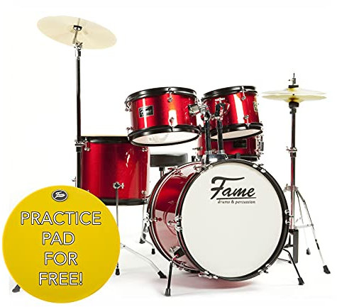 Fame 5 PC Drumset Red, Schlagzeug mit Bass Drum, Tom-Tom, Snare, Hardware und Hocker, inkl. Zubehör und Drumsticks