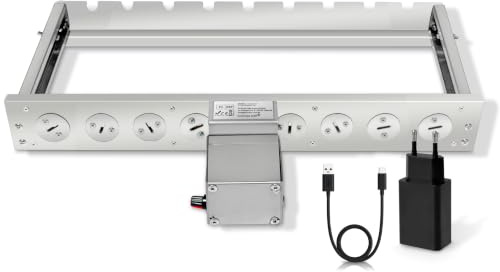 Andreas Dell Elektrischer Spießdreher BBQ Rotisserie Set mit regulierbaren Motor – Edelstahl Grillaufsatz für Gas-, Holzkohle- & Elektrogrill – verstellbar, breit 46 cm – 220V + USB (Ohne 9 Spießen)