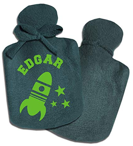 SupaRina personalisierte Wärmflaschen-Bezug für Jungen und Mädchen mit Namen und Motiv Rakete, unterschiedliche Farben und Motive nach Wahl, befüllbar kalt oder warm, weicher Fleece, auch mit Flasche