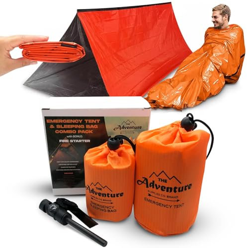 Adventure Supply Co Marken Notfallzelt Schlafsack Kombi-Pack, Bivy Sack für 2 Personen, Schlafsack, Pfeife und Feuerstarter