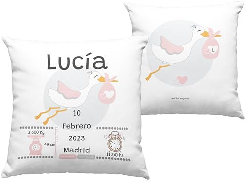 Worfull Regalos Cojín Personalizado Rosa Nacimiento de Bebé con Cigüeña 40x40cm. con Datos Disponible para Niño y Niña. Funda Lavable. Tacto Suave