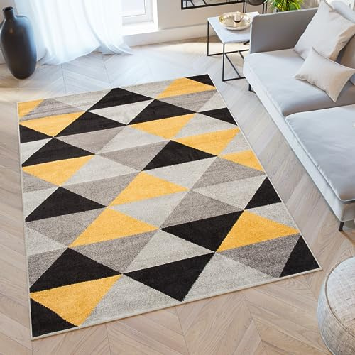 TAPISO Lazur Area Rug Living Room Bedroom Geometric Triangles Grey Black Yellow Fuchsia Size - 180 x 260 cm (5ft11 x 8ft6)
