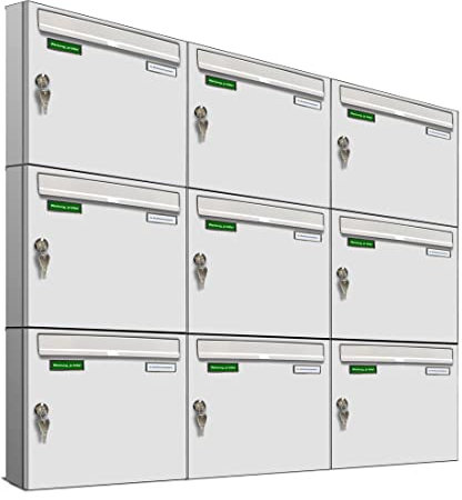 AL Briefkastensysteme Basic 9er Briefkasten RAL 9016 Verkehrs Weiss 9 Fach DIN A4 wetterfest Briefkastenanlage mit Posthaltebügel und 2 Namensschildern