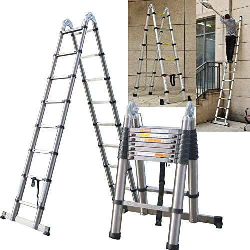 Multi-Purpose Stainless Steel Telescoping Ladder - 16.4FT/5M with Stabiliser Bar, Extendable Foldable Portable A-frame Ladder (2.5M+2.5M)