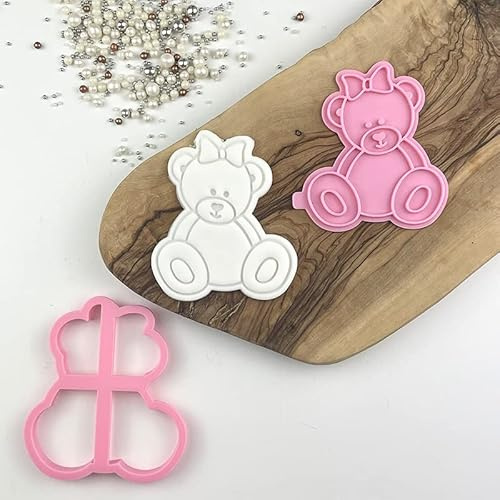 LissieLou Female Sitting Teddy Bear with Bow Cookie Cutter and Stamp Baby Shower Icing Stamp Fondant Embosser - Light Pink