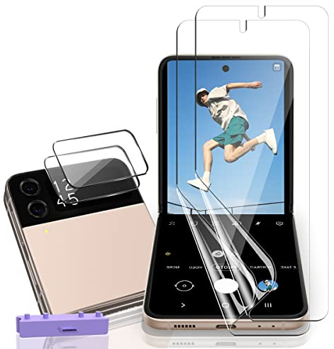 AnnhanT Protection pour Samsung Galaxy Z Flip 4 Protecteur d'écran, Film TPU Flexible 2 Pièceset + 2 Pièces Galaxy Z Flip 4 Verre Trempé Protection d'objectif - Anti-Rayures, Couverture Totale