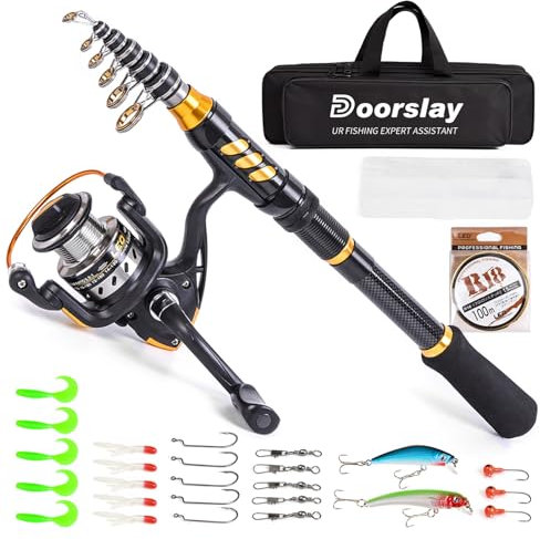 Doorslay Tragbares Angelset, Teleskop Angelrute und Angelrolle Set mit 106m Angelschnur, Angelköder-Set,Angelzubehör, für Kinder, Erwachsene, Anfänger und Angelliebhaber