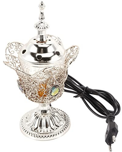 Yardwe Elektrischer Arabischer Weihrauchbrenner Räuchergefäß Silber Teelichthalter Aromabrenner Vintage Kerzenhalter Metall Weihrauchbehälter Wohnzimmer Tischdeko Ramadan Deko