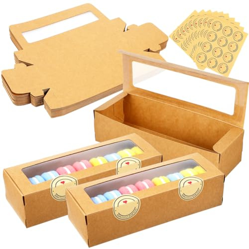 UPKOCH Macaron Boxes 50 Pack Kraft Paper Dessert Packaging with Clear Window 19.5 x 6.3 x 4.8cm Bakery Boxes for Cookies Chocolates Pastry Mini Donuts Includes Sealing Stickers Brown