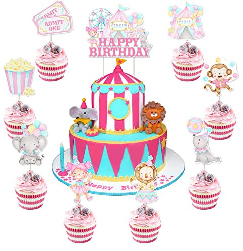 25 x rosa Zirkus-Geburtstagsparty-Dekorationen – Kuchendekorationen & pastellfarbene Karnevalsparty-Dekorationen für Mädchen zum 1. - 5. Geburtstag